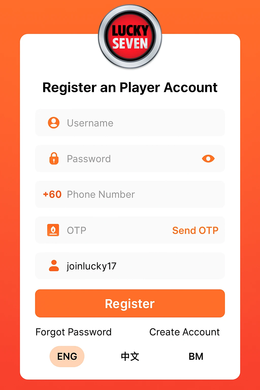 Register Account - Lucky 7 Platform